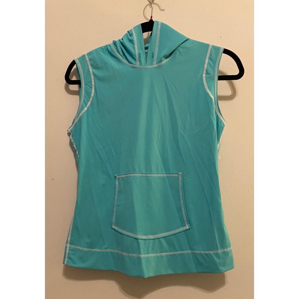 ATHLETA Blue Top Sleeveless Hoodie Lightweight Black Trim Small